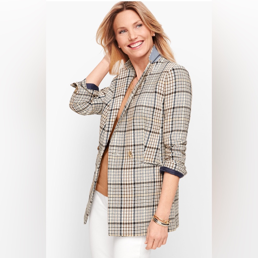 Like New! TALBOTS Double Breasted Plaid Gold Button Blazer